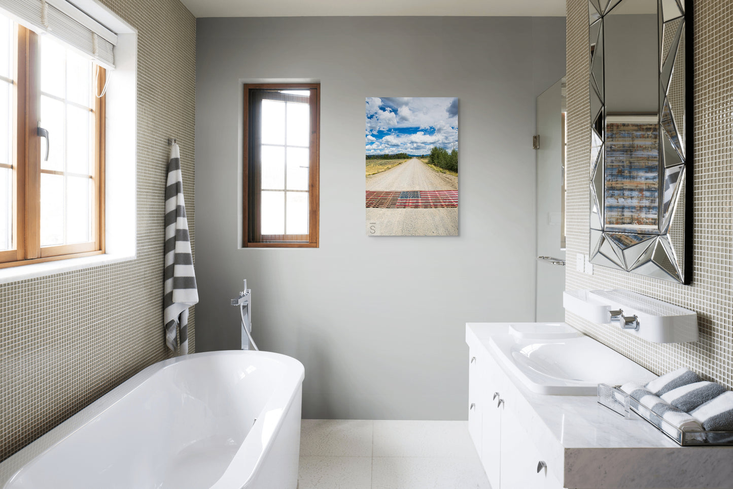 Western road and American flag, western fine art.