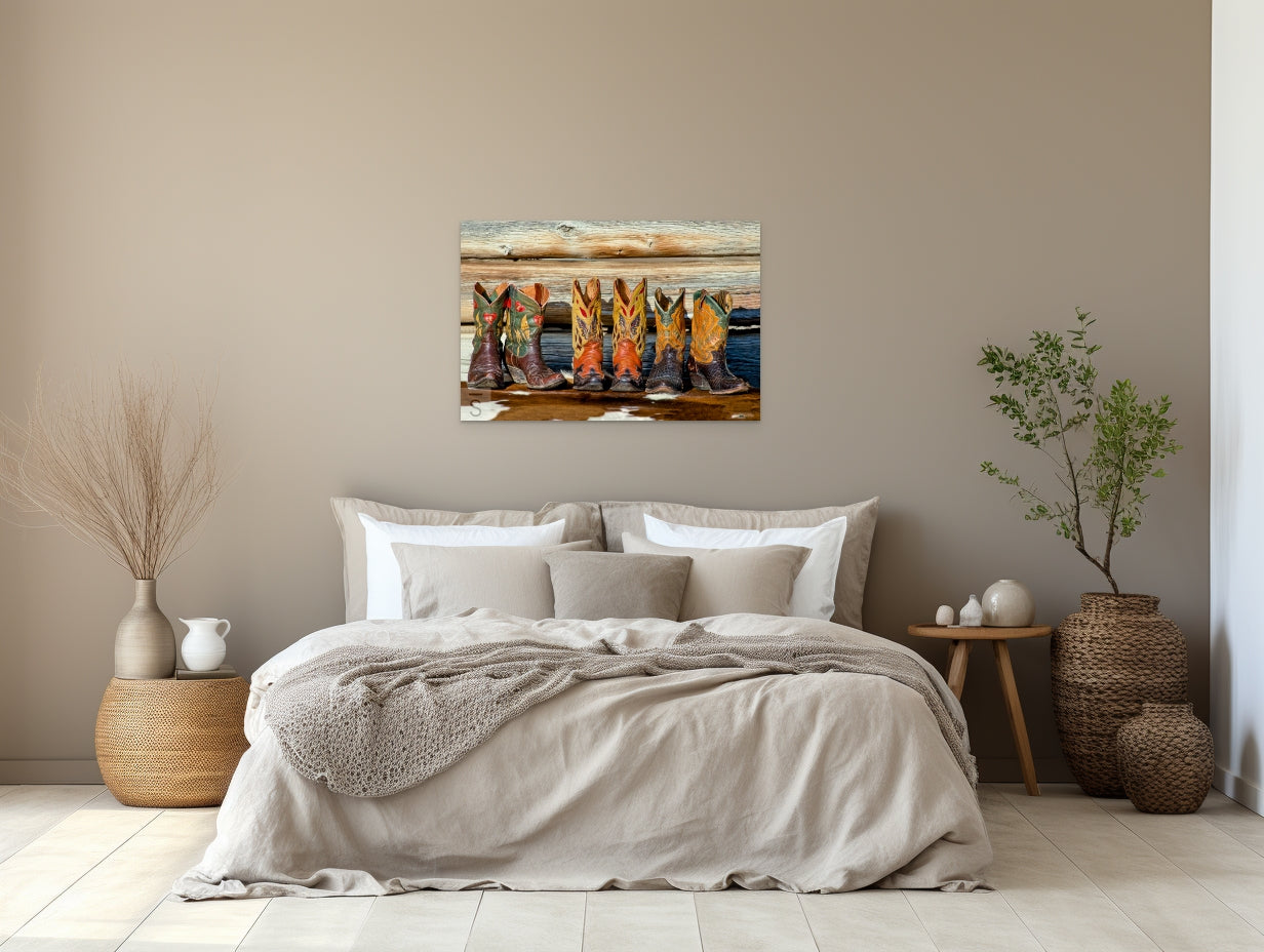 Cowboy boots on a cowhide. Western fine art photography by David Stoecklein.