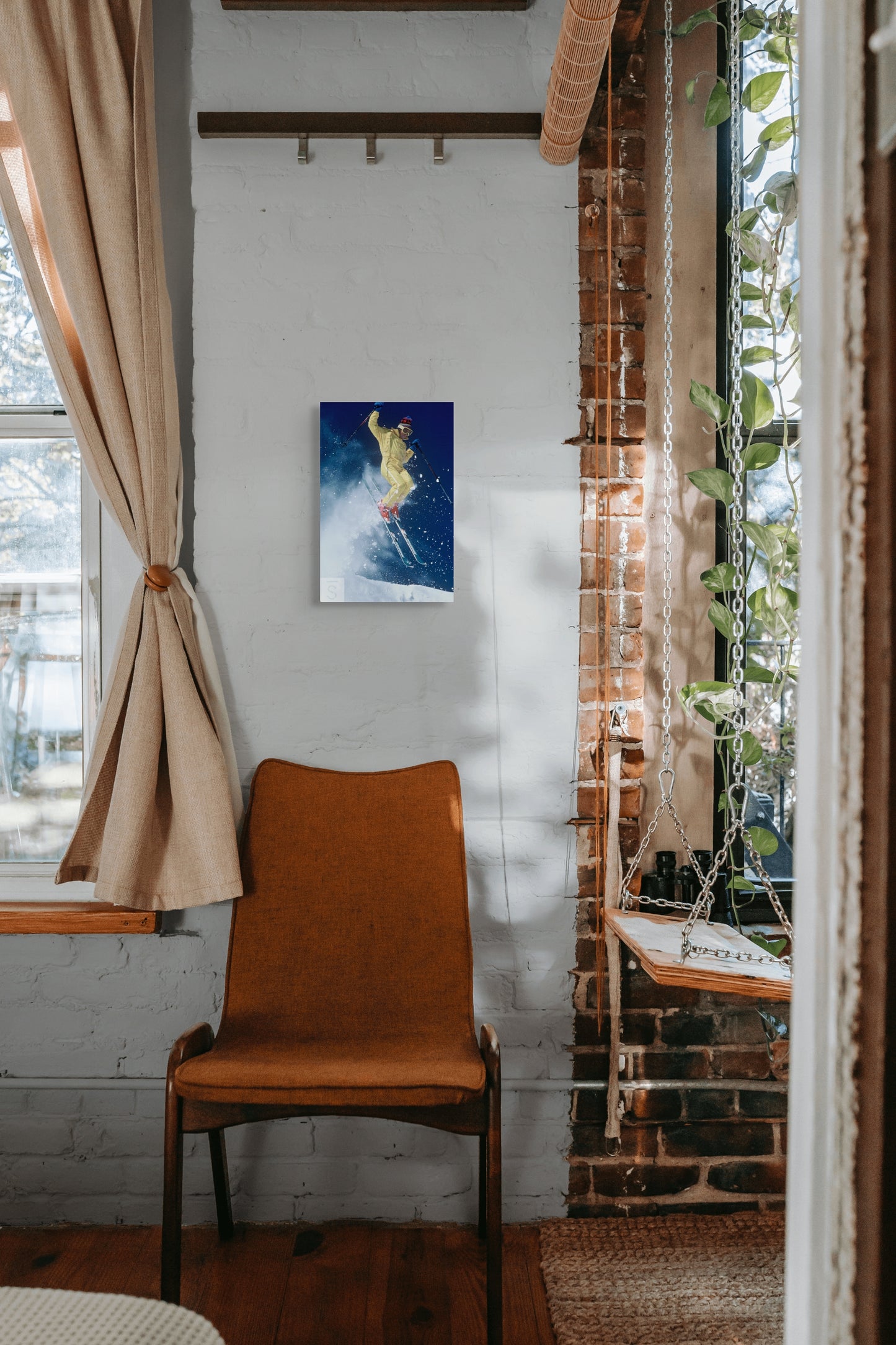 retro jumping skier on rossignol skis print.