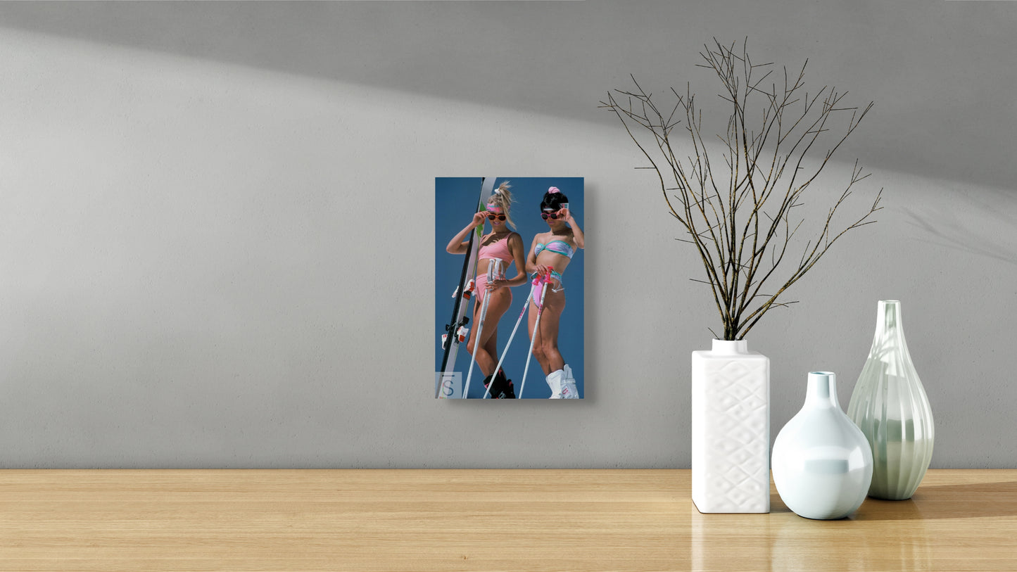 Skiers in bikinis, retro ski photo.