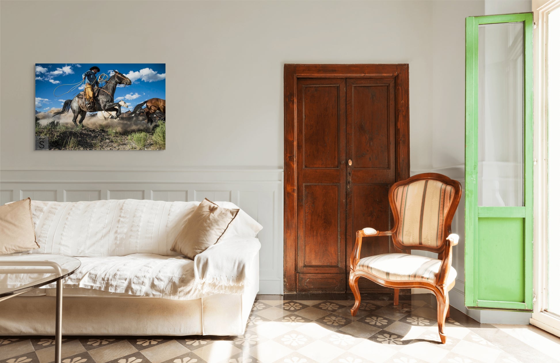 Jumping horse and cowboy in Idaho, western fine art print.