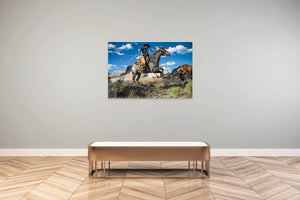 Jumping horse and cowboy in Idaho, western fine art print.