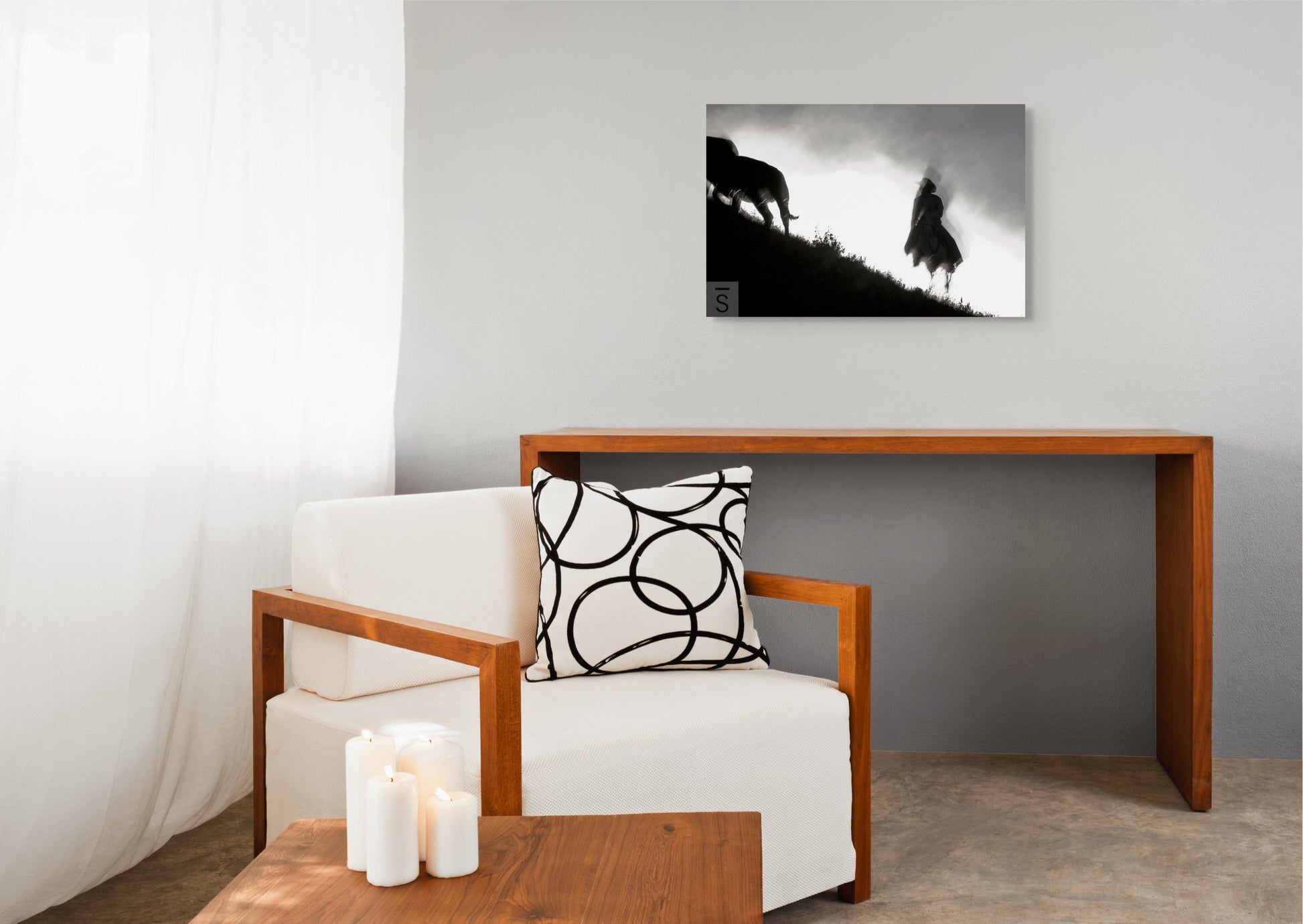 A cowboy rides at dusk in this black and white print by David Stoecklein. Western Fine Art Photography. 