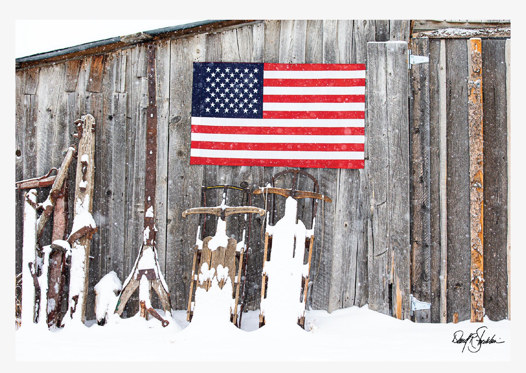 An American flag hangs in this western-themed notecard featuring fine art photography of David Stoecklein. 