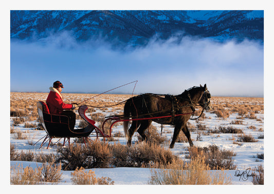 Christmas-themed note cards featuring the western fine art photography of David Stoecklein. Santa's winter sleigh is pulled by a team of horses.