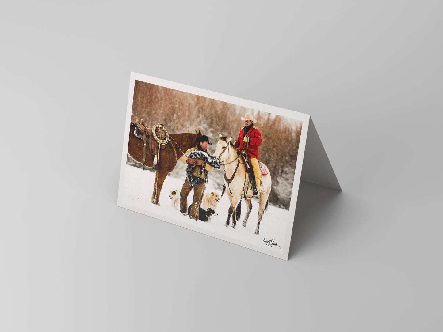 Cowboys rescue a young calf. Western fine art photography note card by David Stoecklein.