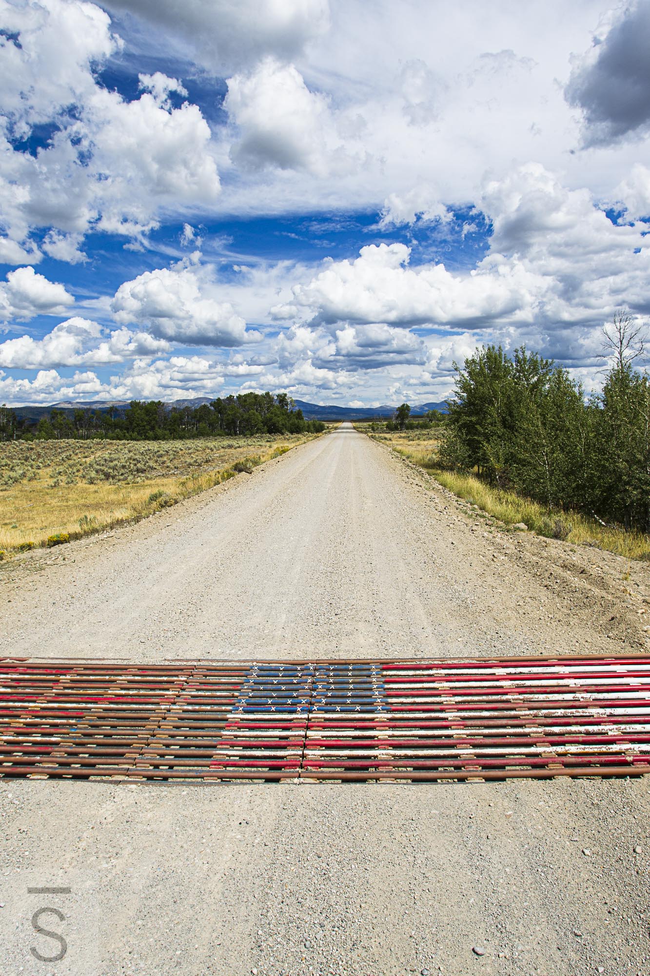 Western road and American flag, western fine art.