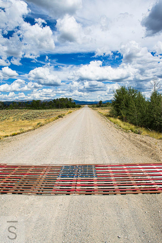 Western road and American flag, western fine art.