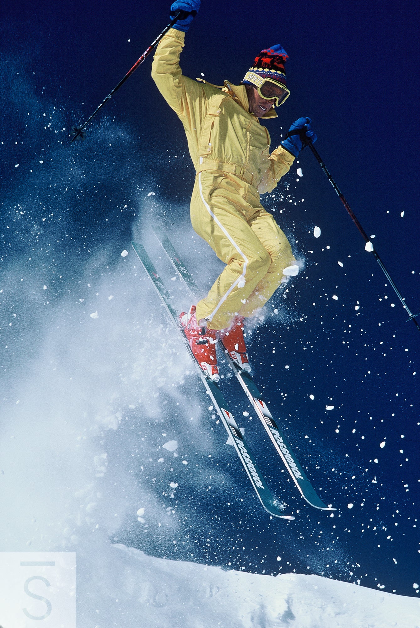 retro jumping skier on rossignol skis print.